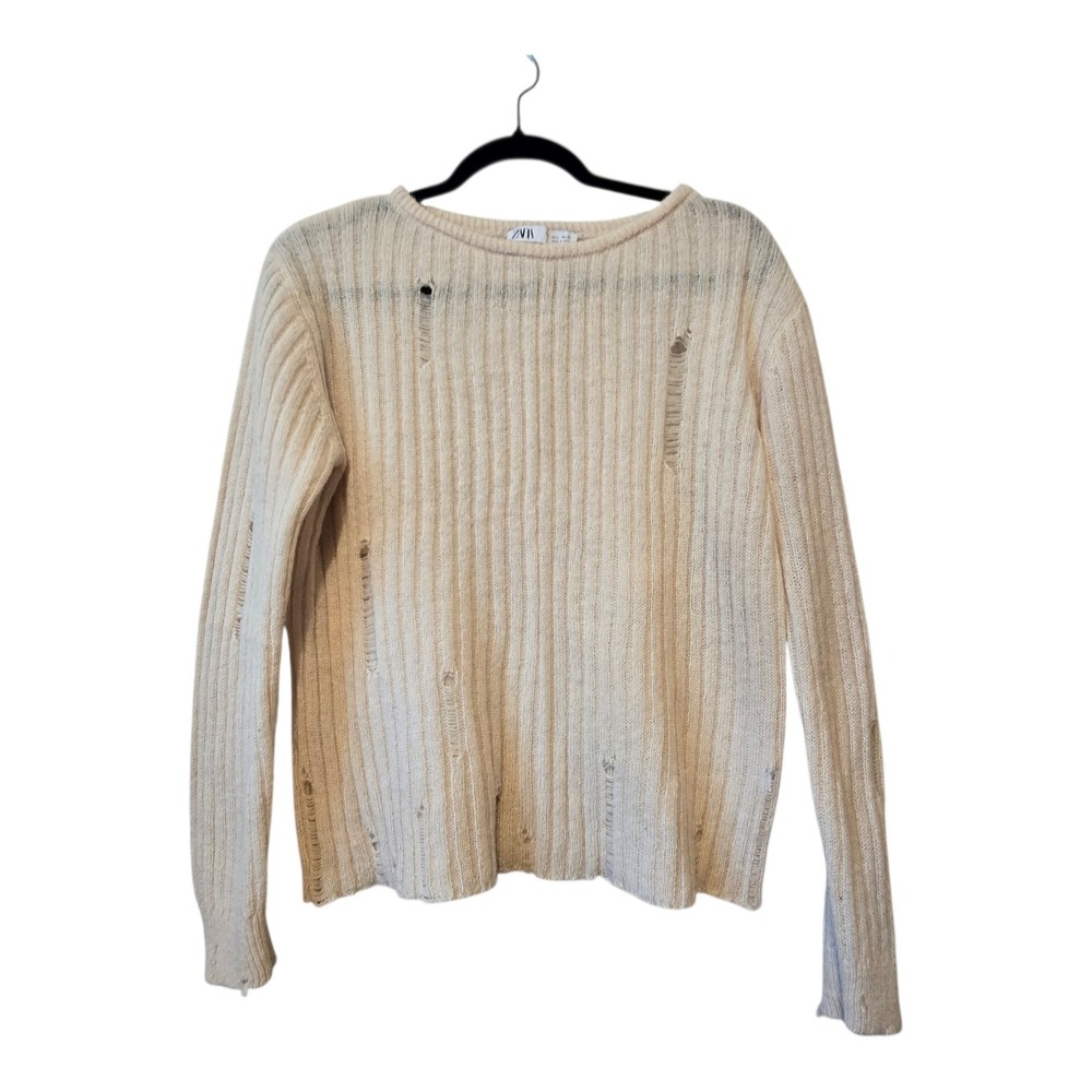 ZARA‎ Rib Knit Distressed Sweater Womens LG Ivory Cropped Soft Cozy Slouchy Boho